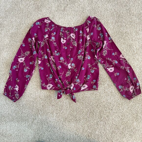 NWT Abercrombie Floral Long Sleeve Crop Tie Front Button Down Top Girls 9/10 - Picture 2 of 9